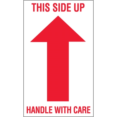 3 x 5" - "This Side Up - Handle With Care" Arrow Labels - 500/Roll