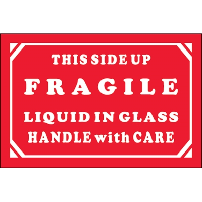 2 x 3" - "Fragile - Liquid In Glass - Handle With Care" Labels - 500/Roll
