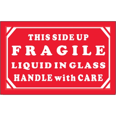 3 x 5" - "Fragile - Liquid in Glass - HWC" Labels - 500/Roll