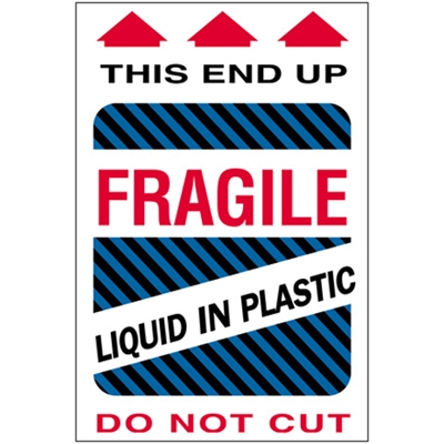 4 x 6" - "Fragile - Liquid in Plastic" Labels - 500/Roll